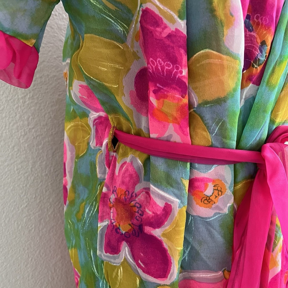 Vintage Jenelle of California Gown Belted Ruffles Floral Lined Colorful Nylon - Picture 7 of 14